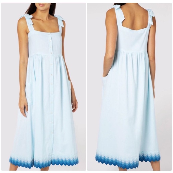 Juliet Dunn Dresses & Skirts - Juliet Dunn Tie Shoulder Dress Midi Tonal Cotton Ric Rac Blue Size Medium